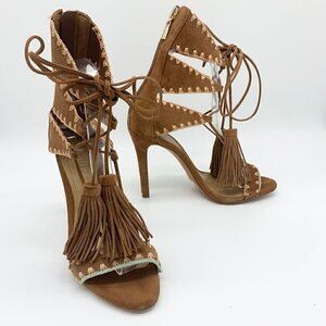 SCHUTZ Brown Suede Tassel Lace-Up Stiletto Sandals